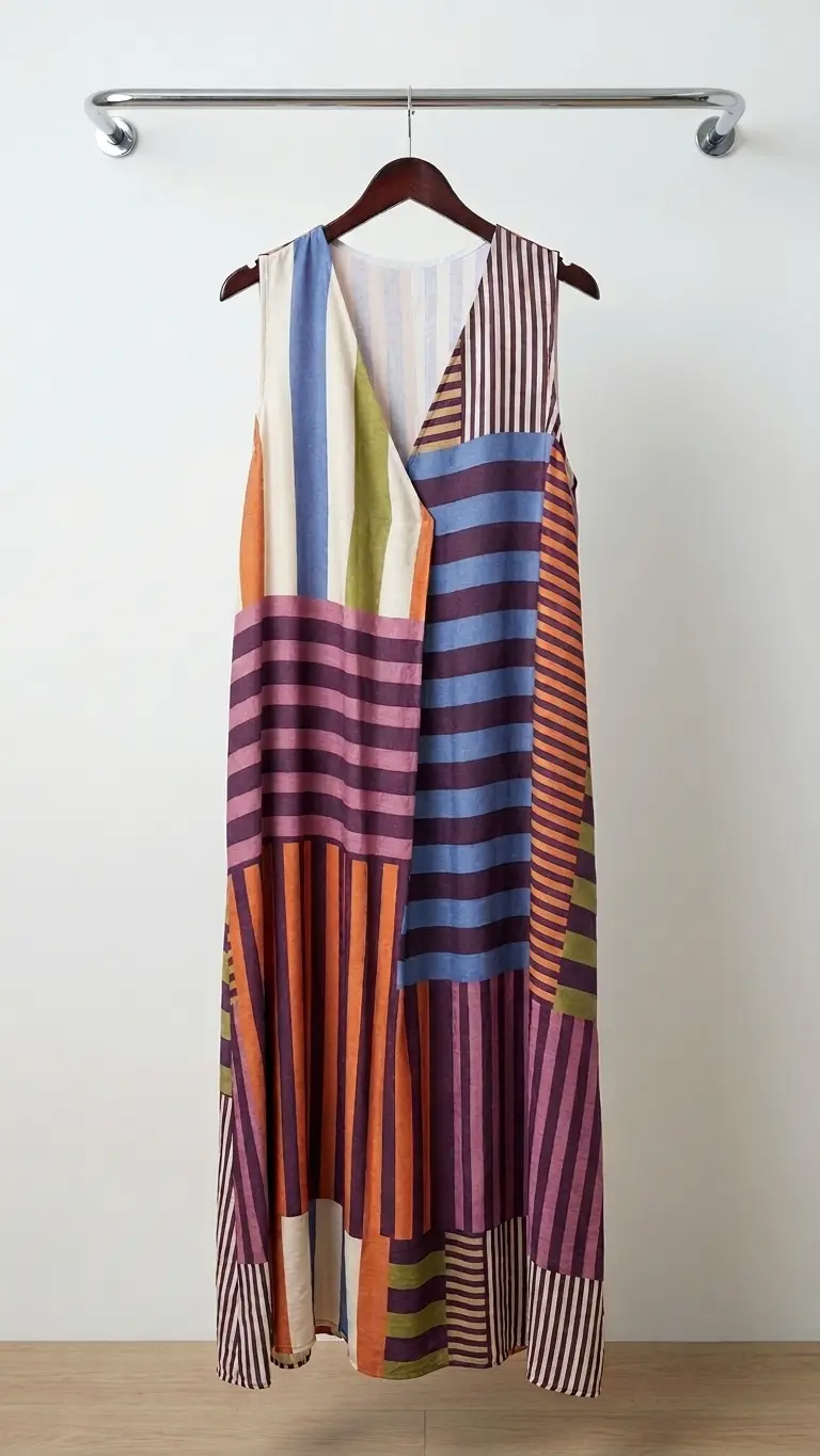 Vestido con patrones a rayas divididos por cuadros